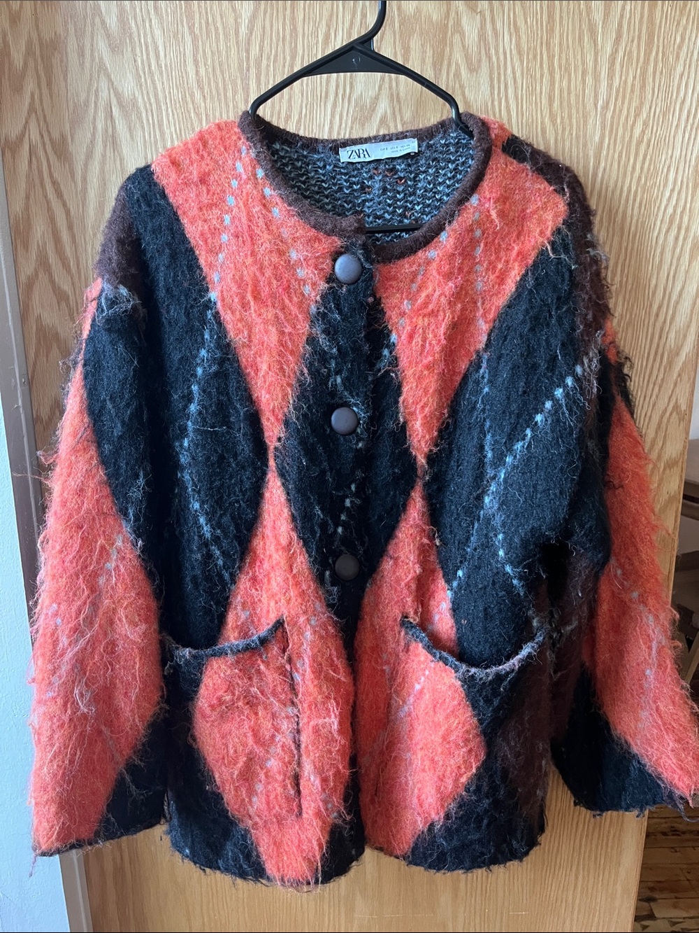 ZARA Coral and Black Diamond-Pattern Cardigan